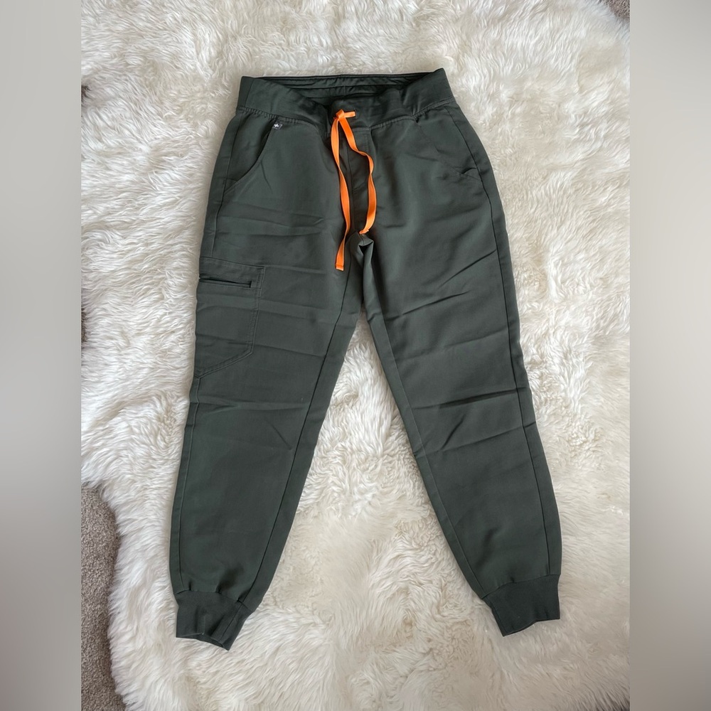 FIGS Olive Joggers with Orange Drawstring